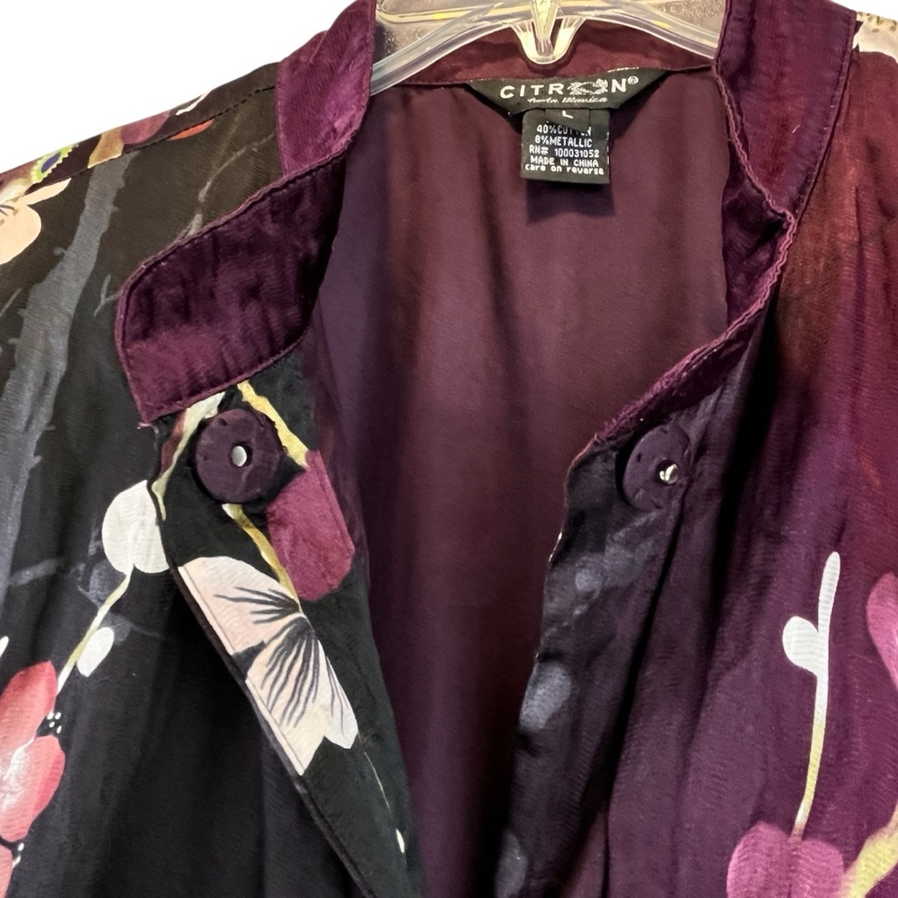 CITRON Santa Monica Floral Silk Cotton Topper Tunic Black Purple Floral Sz M/L - Picture 10 of 14